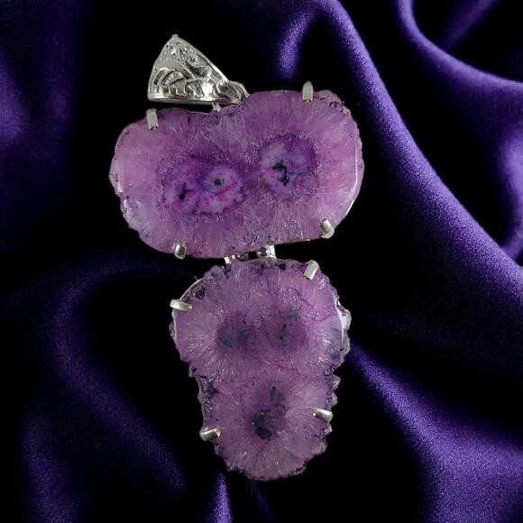 Purple Solar Quartz Druzy Pendant Sterling Silver Raw Crystal Necklace - Picture 1 of 10